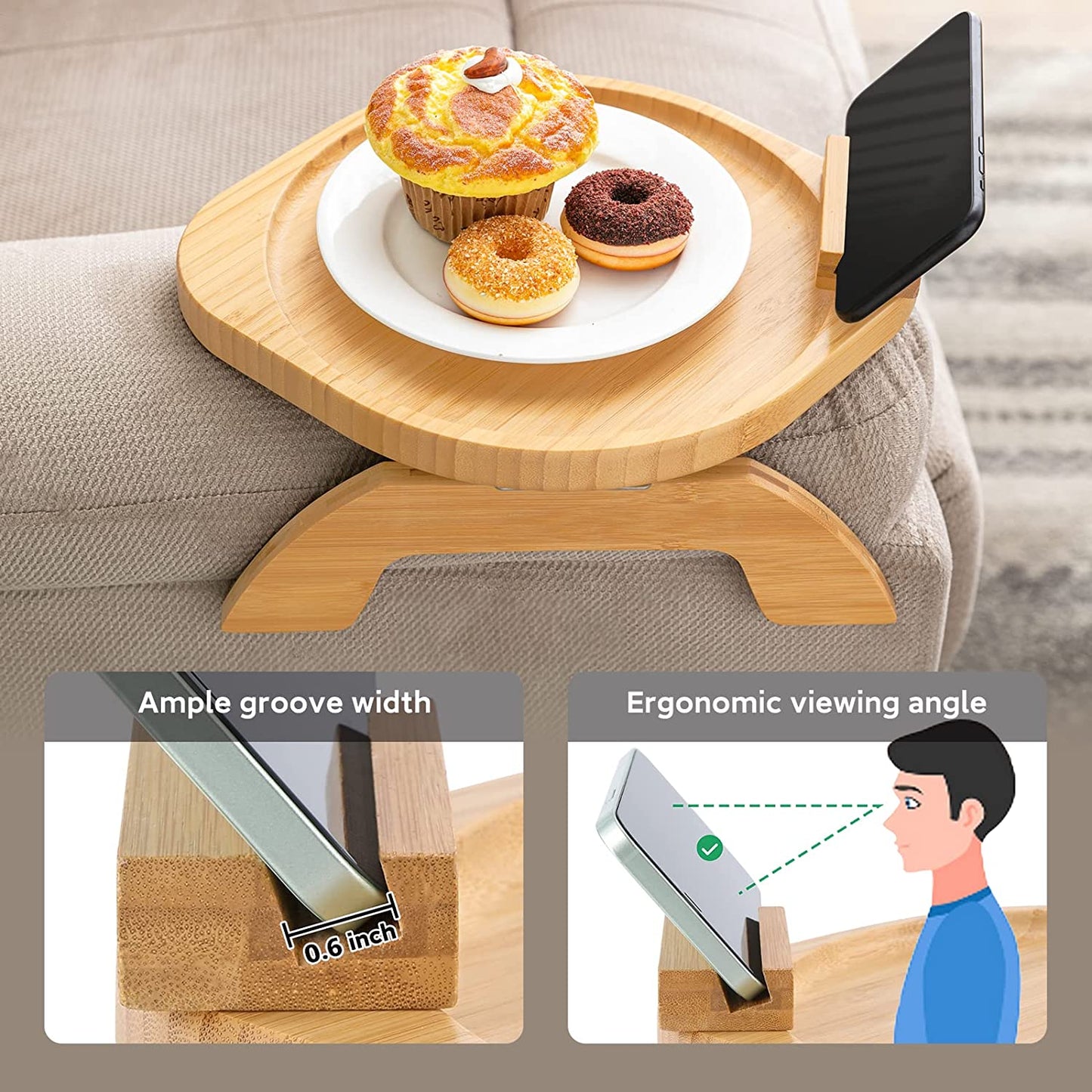 Bamboo Sofa Tray Table Clip on Side Table Couch Arm with 360° Rotating Phone Holder, Couch Tray for Arm, Sofa Table for Eating/Drinks/Snacks/Remote/Control, Nature, 11.8'D X 9.8'W X 1.7'H