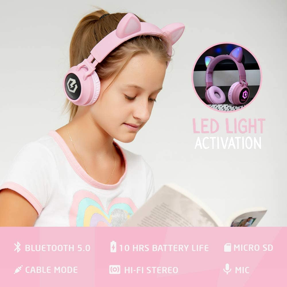 Wireless Bluetooth Headphones for Kids, Kid Headphone Over-Ear with LED Lights, Foldable Headphones with Microphone,Volume Limited, Wireless and Wired Headphone for Phones,Tablets,Pc,Laptop