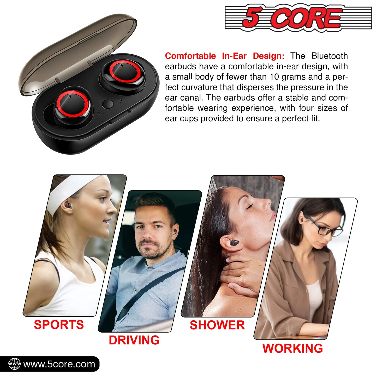 5 Core Wireless Earbuds Black 2 Pieces Noise Canceling Headphones Wireless Bluetooth 5.0 Powerful Beats and Clean Audio True Wireless Earbuds W Extra Long Playback Use as Gym Headphones Gaming Calling- EP01 2PCS