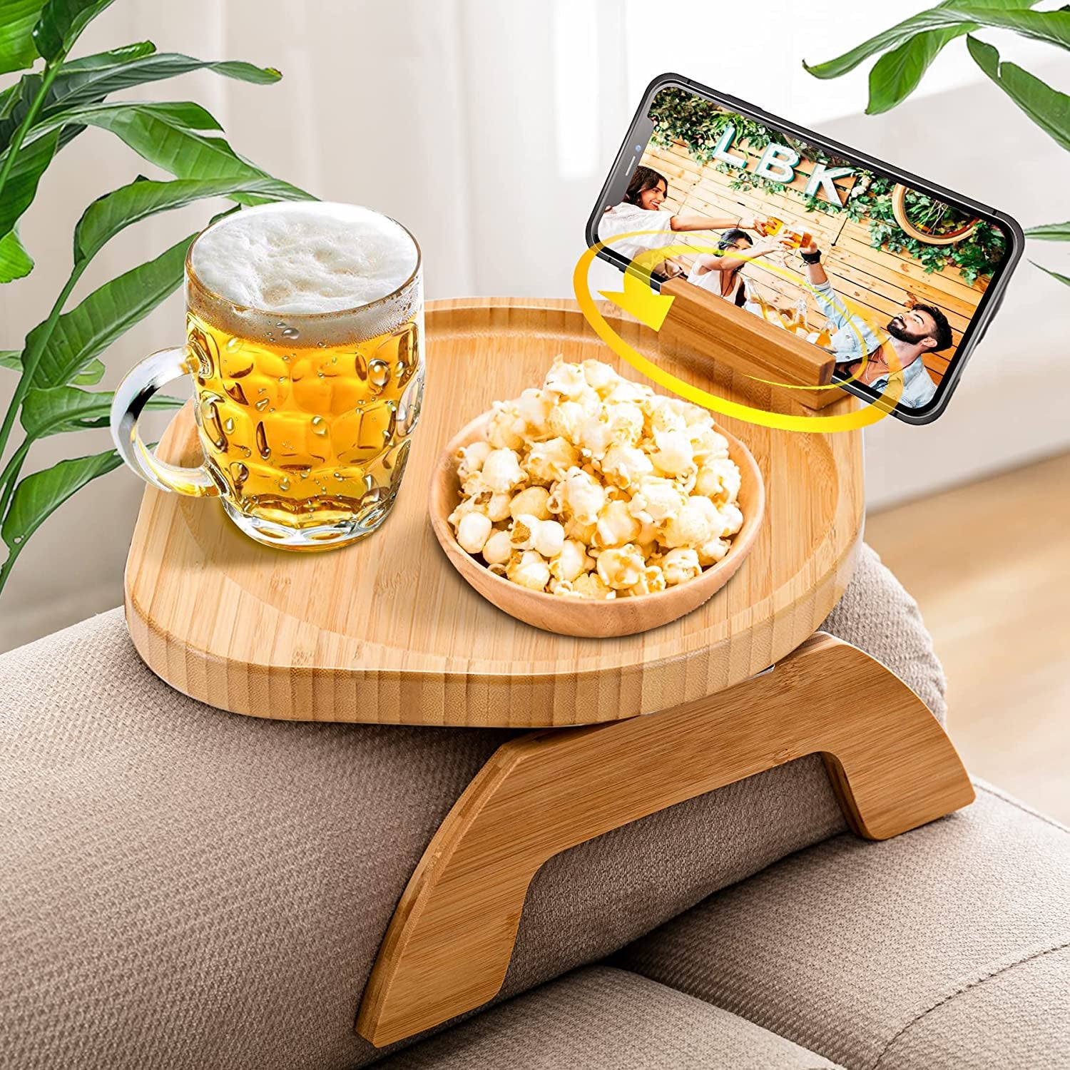 Bamboo Sofa Tray Table Clip on Side Table Couch Arm with 360° Rotating Phone Holder, Couch Tray for Arm, Sofa Table for Eating/Drinks/Snacks/Remote/Control, Nature, 11.8'D X 9.8'W X 1.7'H
